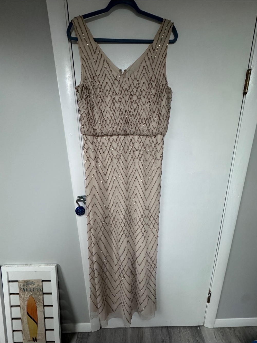 BHLDN Champagne Beaded V-Neck Maxi Dress
